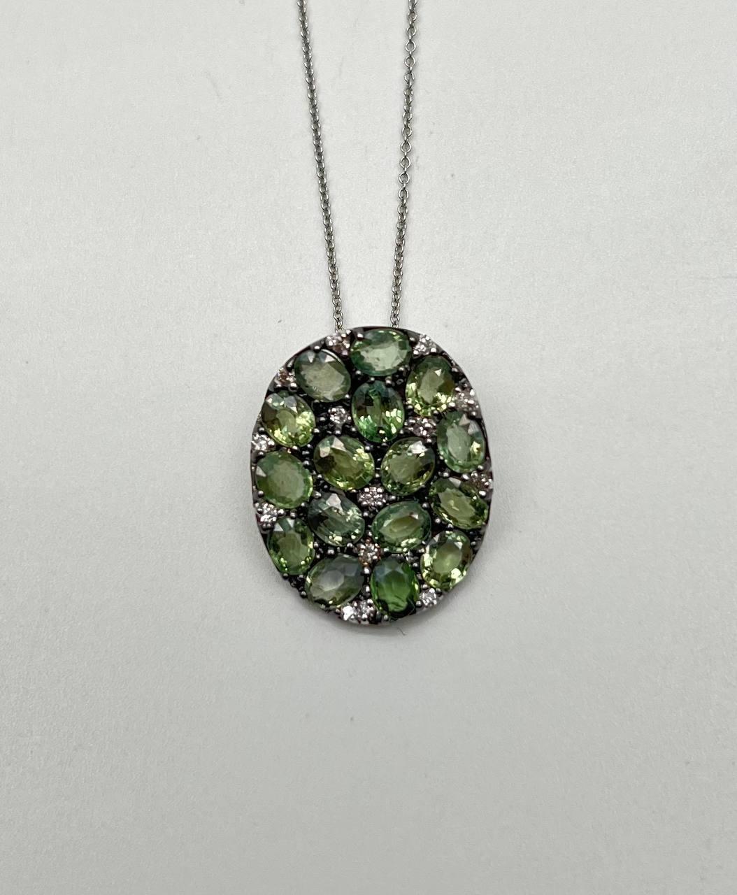 Green Sapphires Pave Set Diamonds 14K White Gold Pendant Necklace