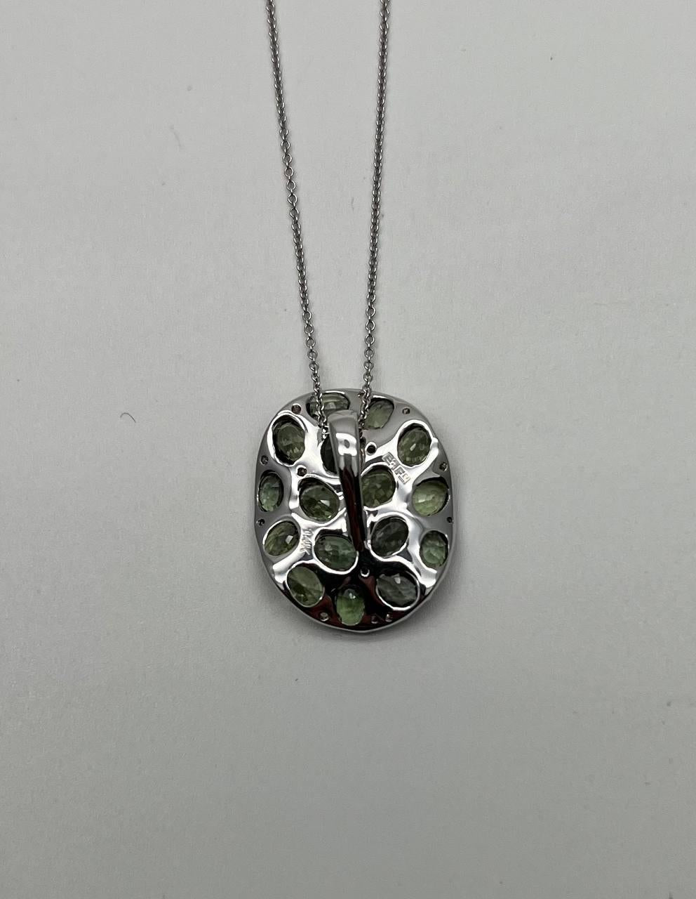 Green Sapphires Pave Set Diamonds 14K White Gold Pendant Necklace