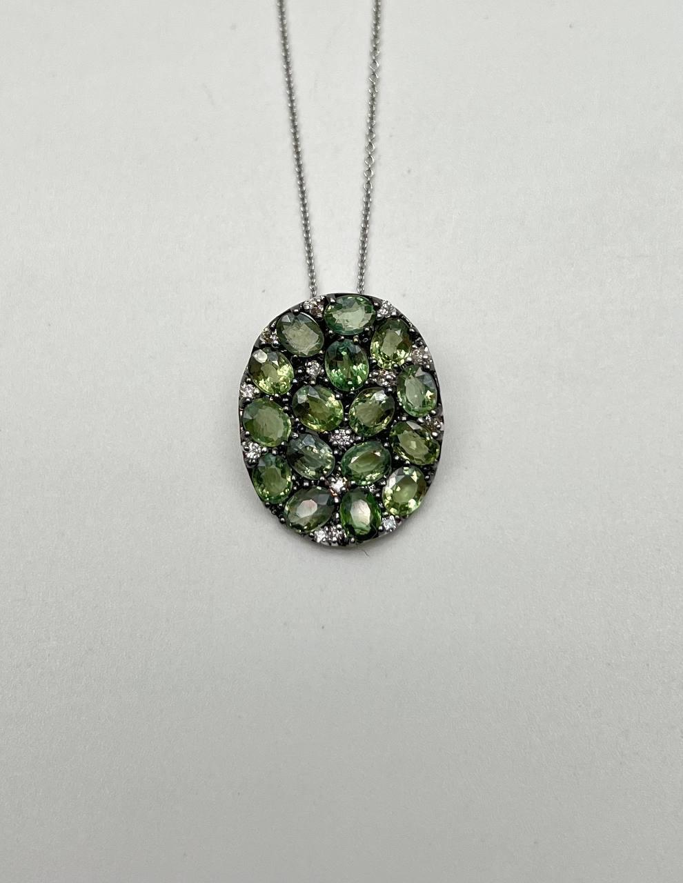 Green Sapphires Pave Set Diamonds 14K White Gold Pendant Necklace