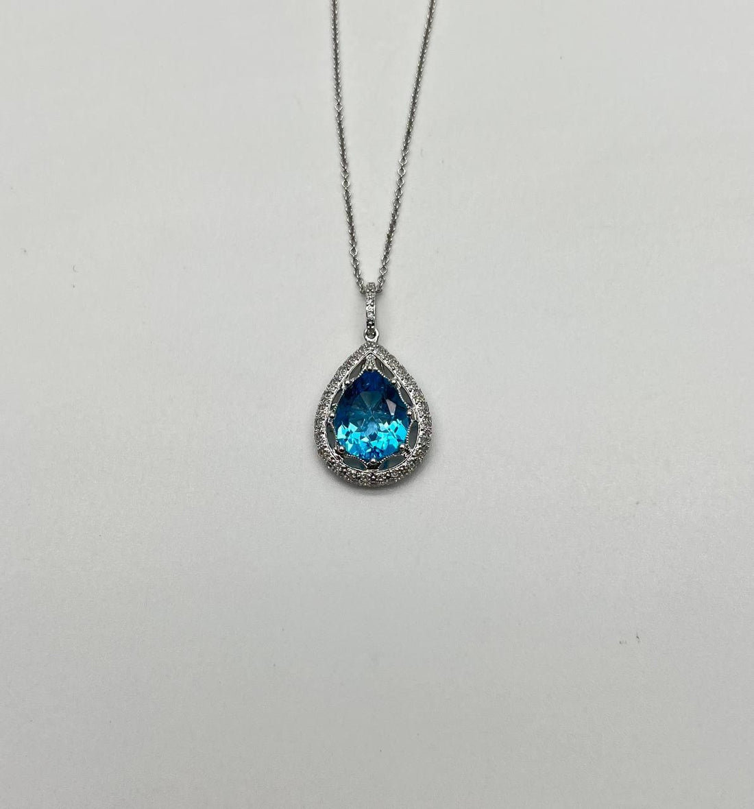 Pear Teardrop Swiss Blue Topaz 14K White Gold Diamond Halo Pendant Necklace