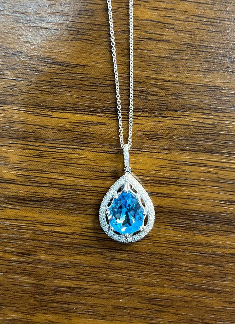 Pear Tear Drop Shape Swiss Blue Topaz Diamond Halo White Gold Pendant Necklace