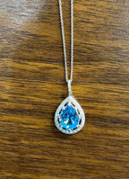 Pear Teardrop Swiss Blue Topaz 14K White Gold Diamond Halo Pendant Necklace