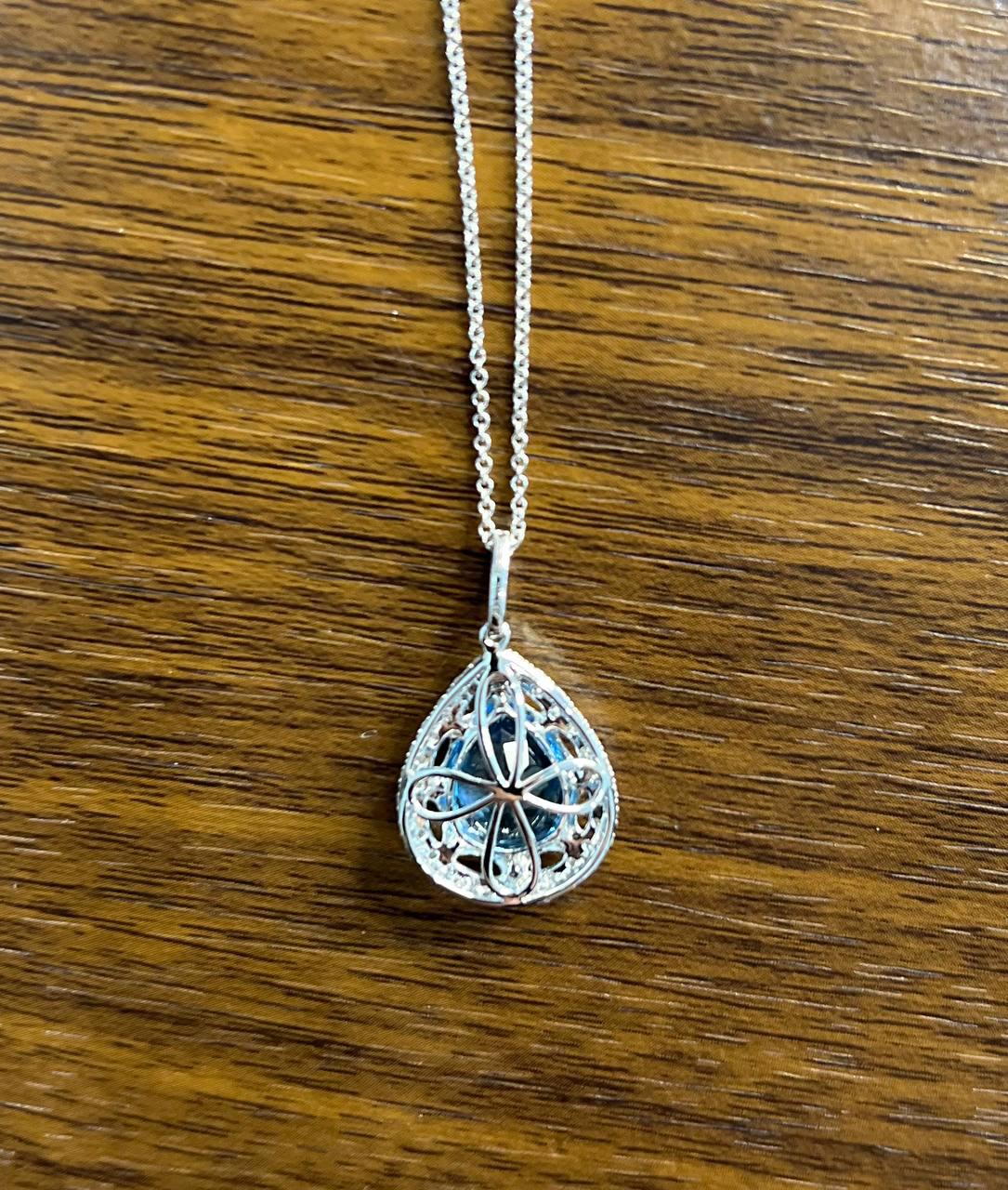 Pear Tear Drop Shape Swiss Blue Topaz Diamond Halo White Gold Pendant Necklace