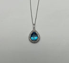 Pear Tear Drop Shape Swiss Blue Topaz Diamond Halo White Gold Pendant Necklace
