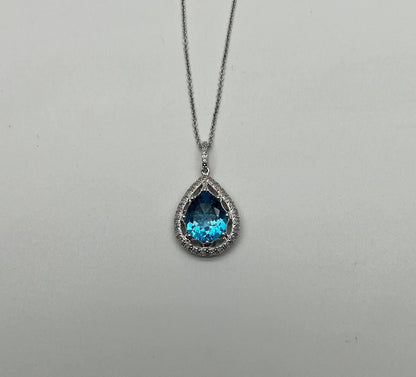 Pear Tear Drop Shape Swiss Blue Topaz Diamond Halo White Gold Pendant Necklace