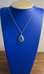 Pear Tear Drop Shape Swiss Blue Topaz Diamond Halo White Gold Pendant Necklace