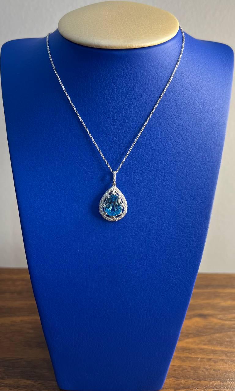 Pear Tear Drop Shape Swiss Blue Topaz Diamond Halo White Gold Pendant Necklace