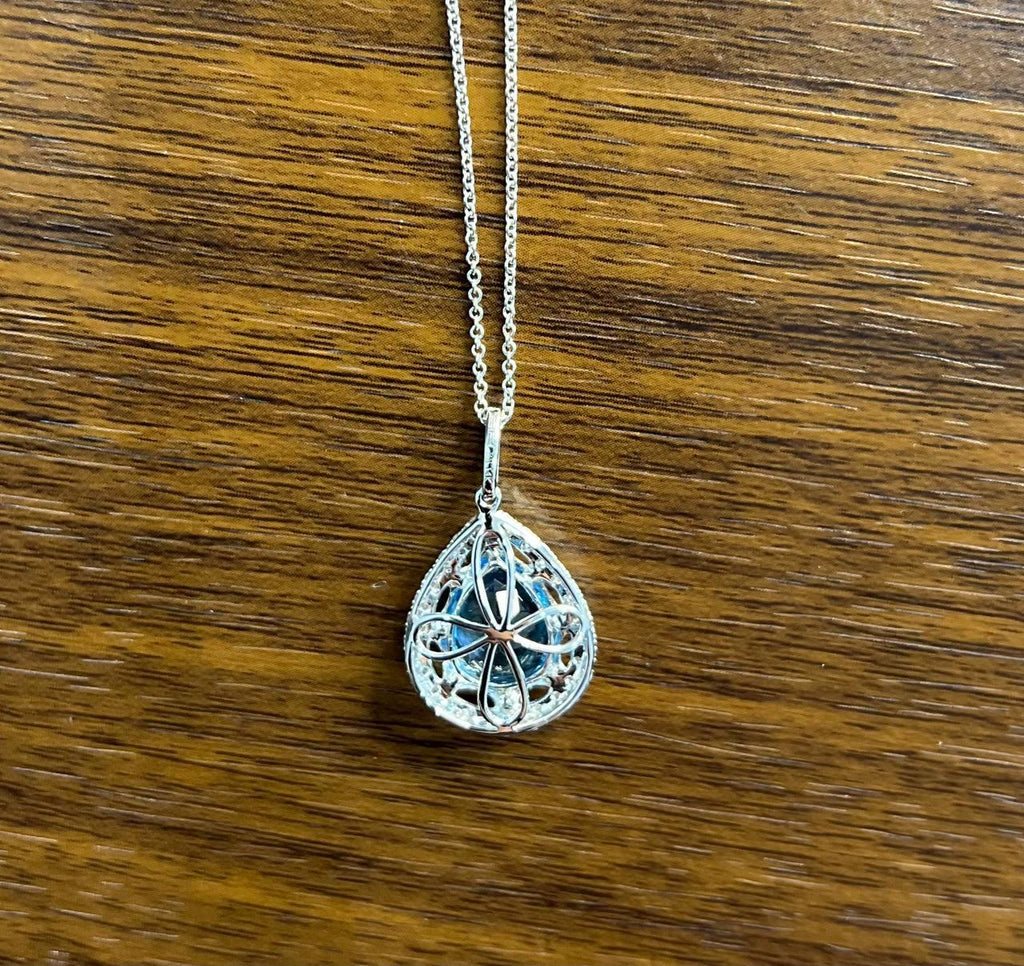 Pear Tear Drop Shape Swiss Blue Topaz Diamond Halo White Gold Pendant Necklace