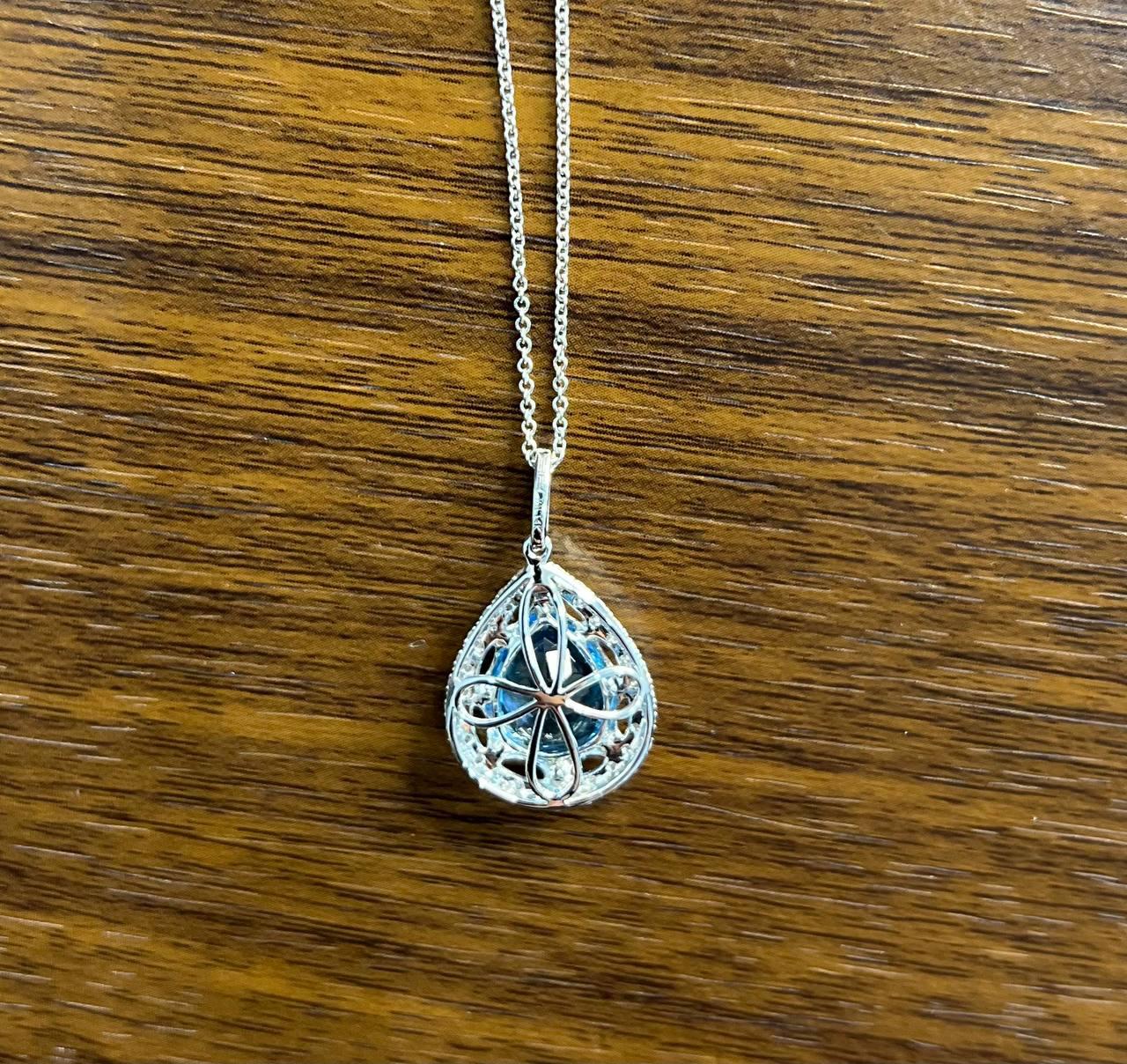 pear tear drop shape swiss blue topaz diamond halo white gold pendant necklace