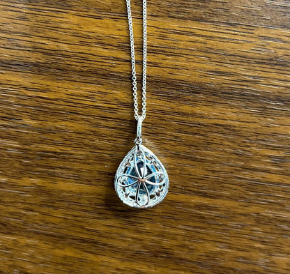 Pear Tear Drop Shape Swiss Blue Topaz Diamond Halo White Gold Pendant Necklace
