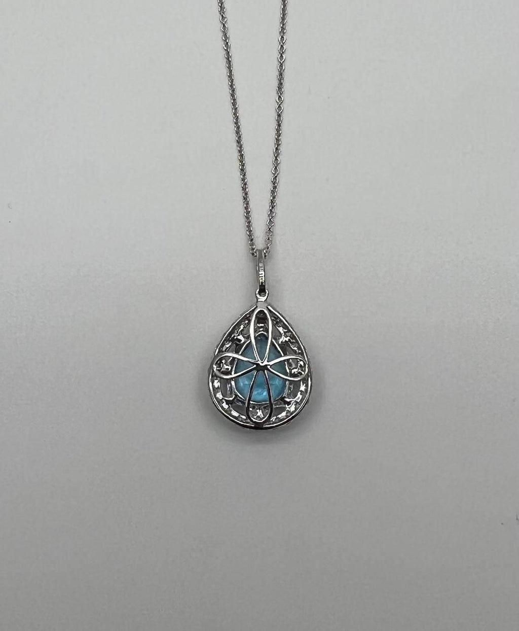 Pear Teardrop Swiss Blue Topaz 14K White Gold Diamond Halo Pendant Necklace