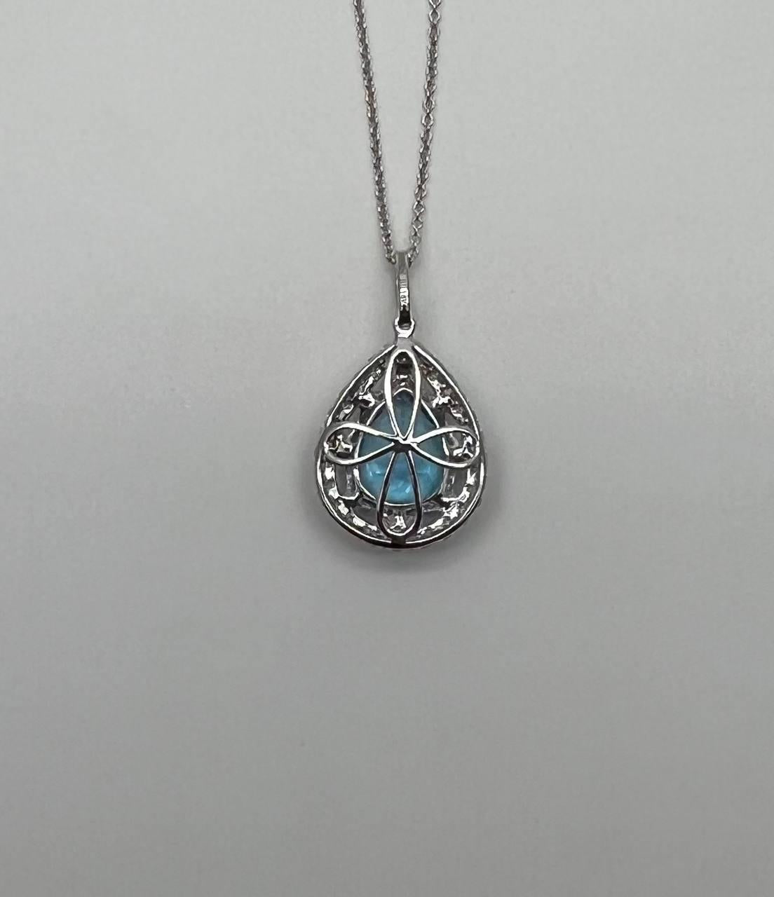 Pear Tear Drop Shape Swiss Blue Topaz Diamond Halo White Gold Pendant Necklace