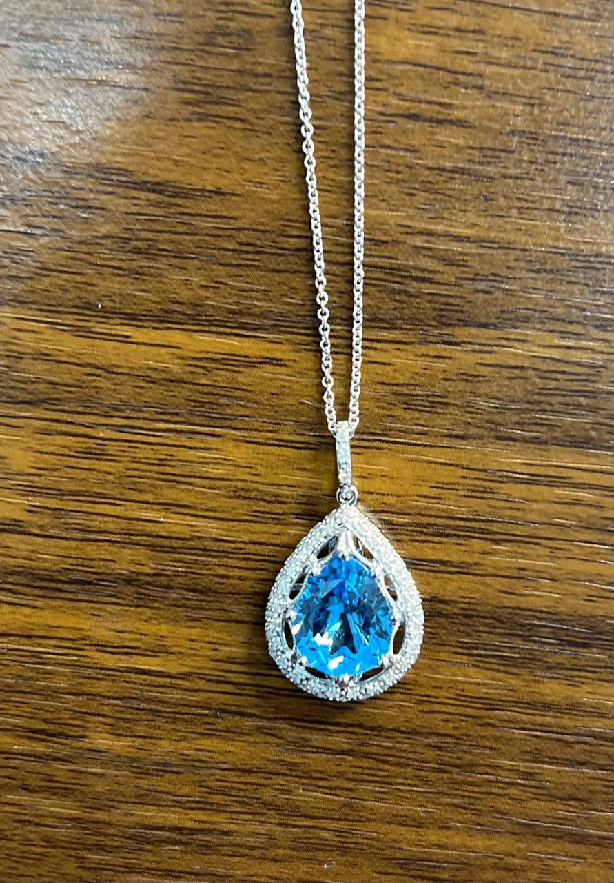 Pear Tear Drop Shape Swiss Blue Topaz Diamond Halo White Gold Pendant Necklace
