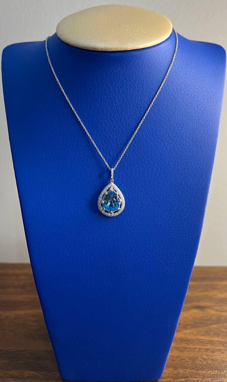 Pear Tear Drop Shape Swiss Blue Topaz Diamond Halo White Gold Pendant Necklace