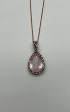 Pear Teardrop Cut Pink Rose Quartz Diamonds Halo 14K Rose Gold Pendant Necklace