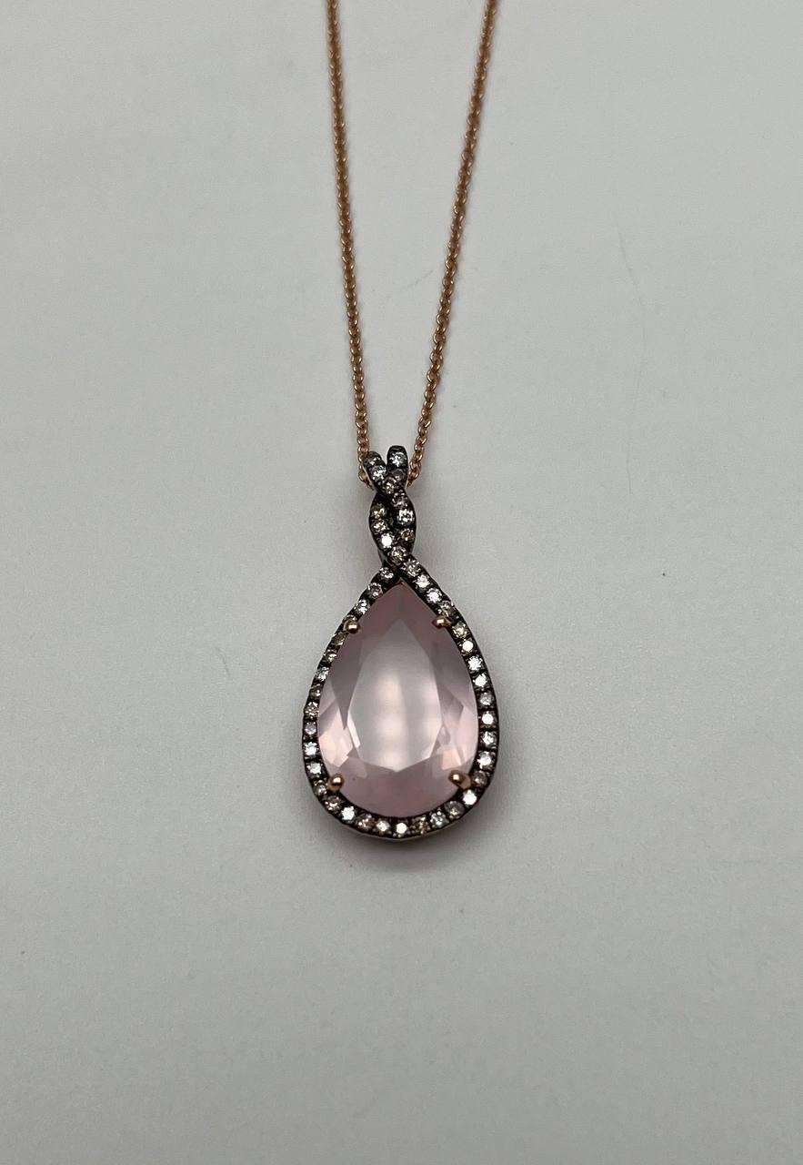 Pear Teardrop Cut Pink Rose Quartz Diamonds Halo 14K Rose Gold Pendant Necklace