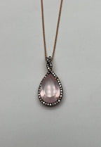 Pear Teardrop Cut Pink Rose Quartz Diamonds Halo 14K Rose Gold Pendant Necklace