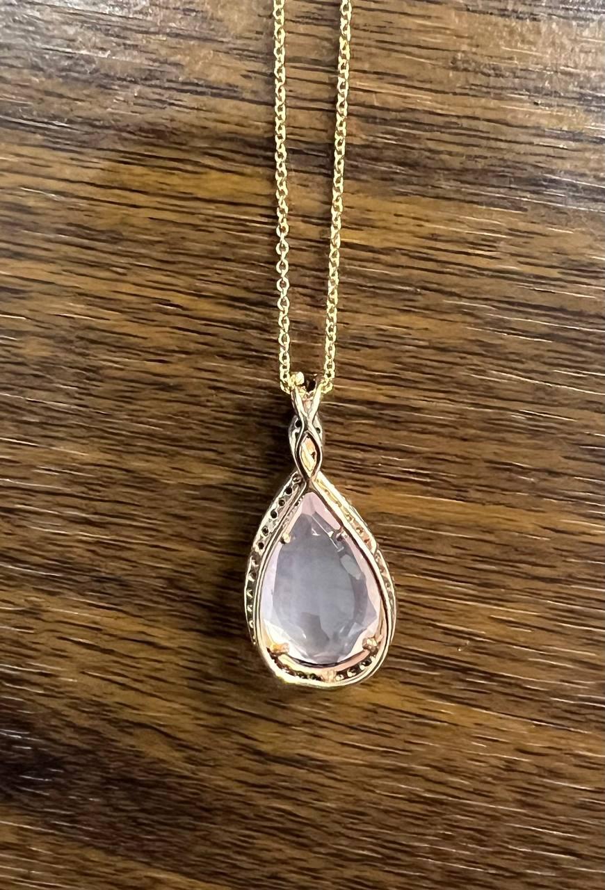 Pear Teardrop Cut Pink Rose Quartz Diamonds Halo 14K Rose Gold Pendant Necklace