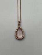 Pear Teardrop Cut Pink Rose Quartz Diamonds Halo 14K Rose Gold Pendant Necklace