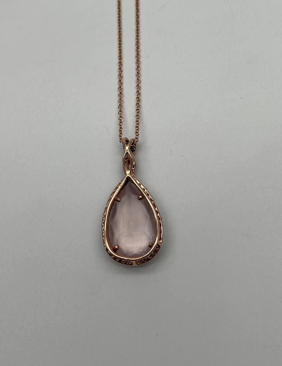 Pear Teardrop Cut Pink Rose Quartz Diamonds Halo 14K Rose Gold Pendant Necklace