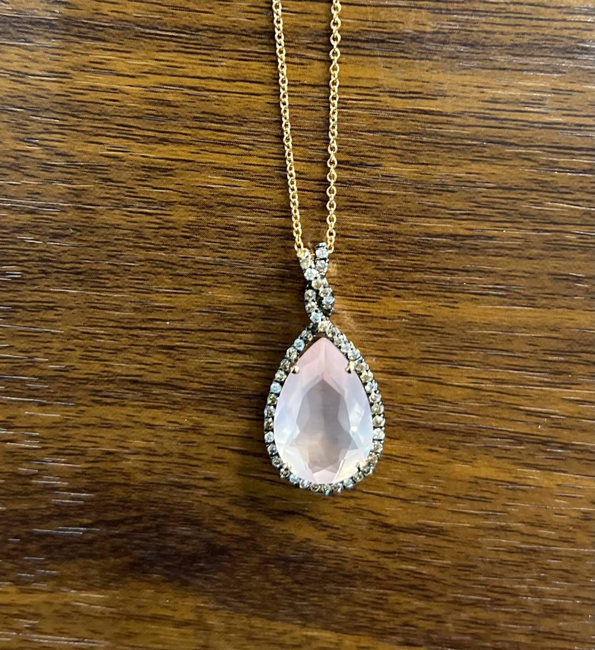 Pear Teardrop Cut Pink Rose Quartz Diamonds Halo 14K Rose Gold Pendant Necklace