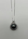 Silver Grey Black Tahitian Pearl Diamonds Halo 14K White Gold Pendant Necklace