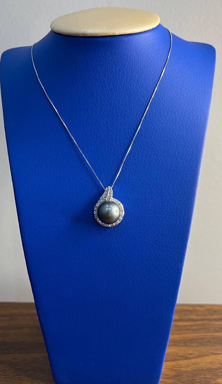Silver Grey Black Tahitian Pearl Diamonds Halo 14K White Gold Pendant Necklace