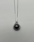 Silver Grey Black Tahitian Pearl Diamonds Halo 14K White Gold Pendant Necklace