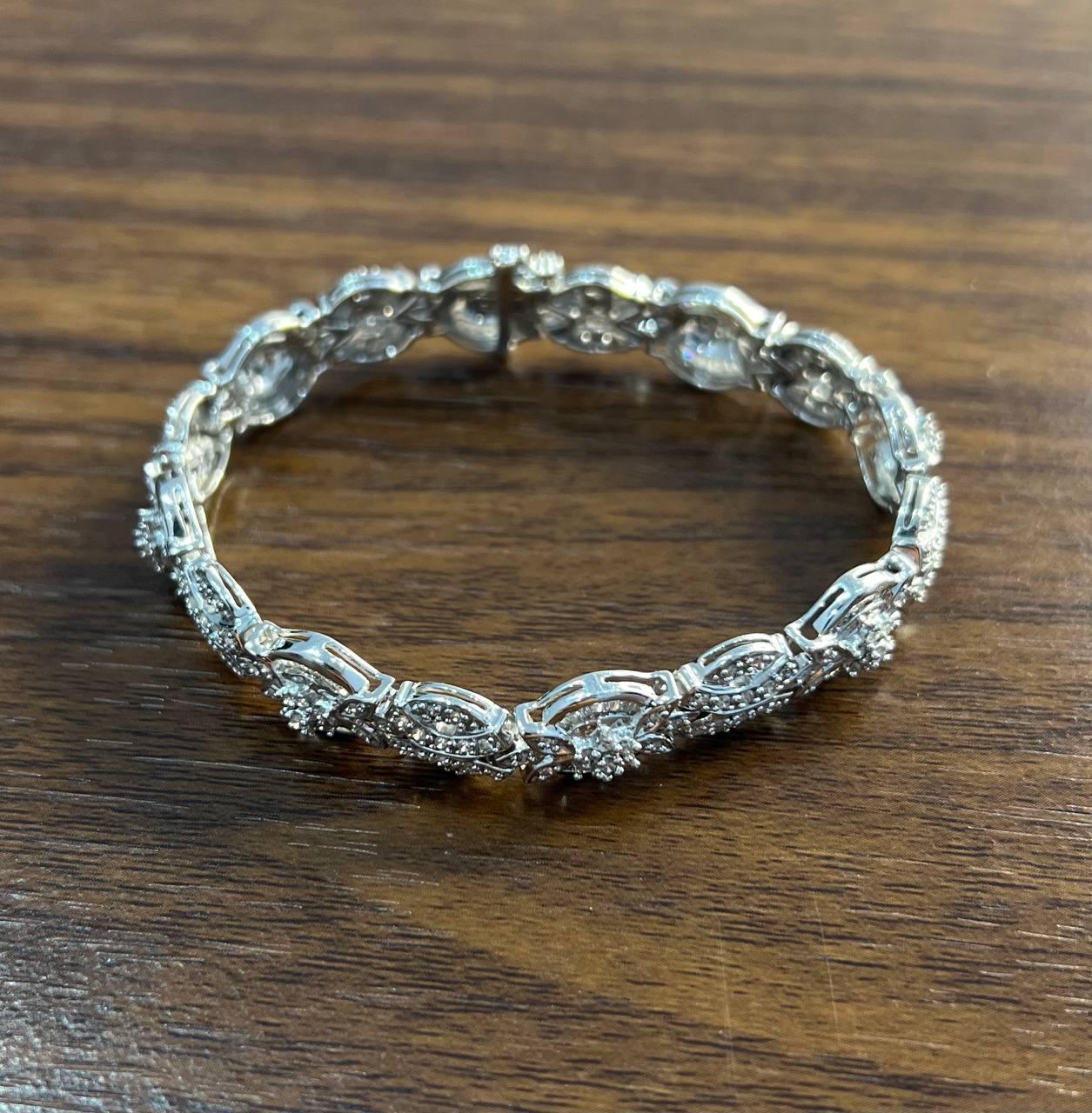 Fancy Floral Unique Link Diamond Pave Statement Unique 14K White Gold Bracelet