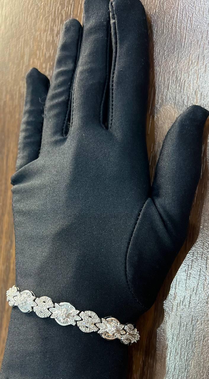 Fancy Floral Unique Link Diamond Pave Statement Unique 14K White Gold Bracelet