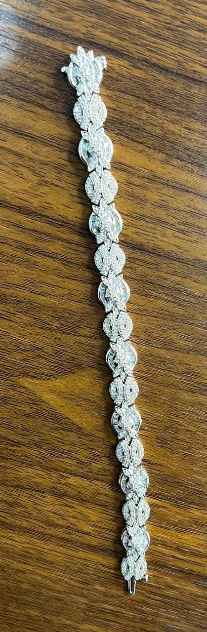 Fancy Floral Unique Link Diamond Pave Statement Unique 14K White Gold Bracelet