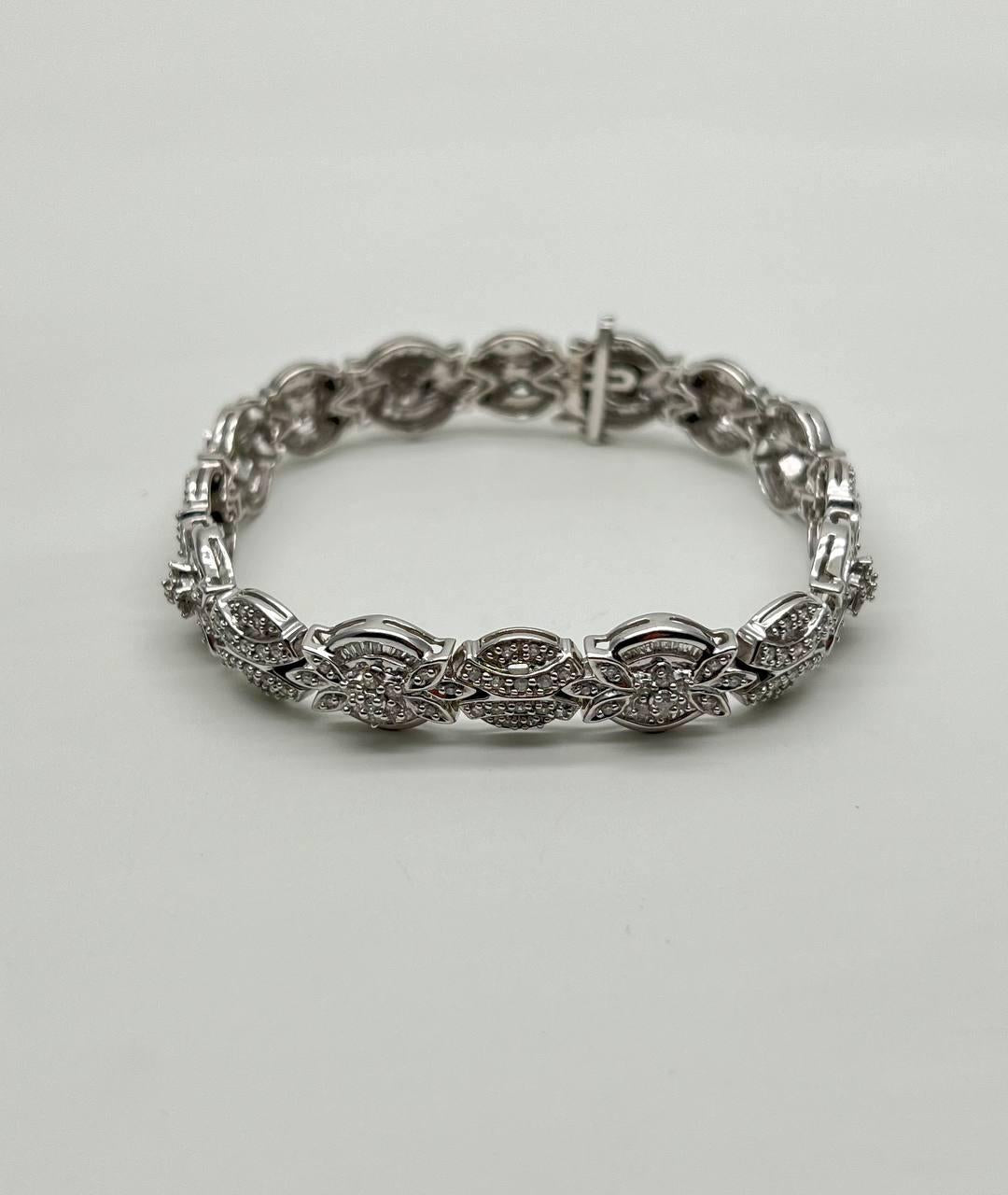 Fancy Floral Unique Link Diamond Pave Statement Unique 14K White Gold Bracelet