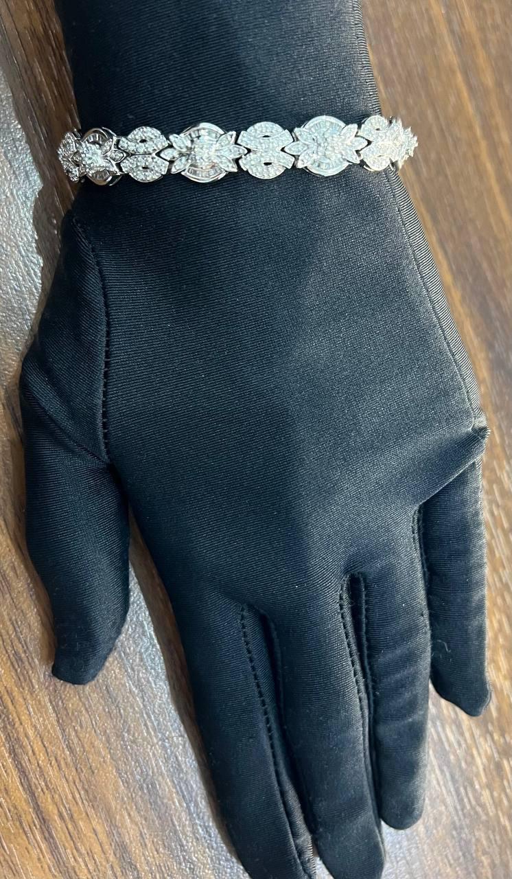 Fancy Floral Unique Link Diamond Pave Statement Unique 14K White Gold Bracelet