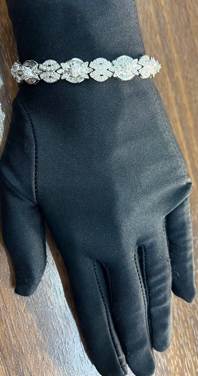 Fancy Floral Unique Link Diamond Pave Statement Unique 14K White Gold Bracelet