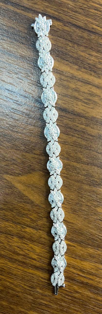 Fancy Floral Unique Link Diamond Pave Statement Unique 14K White Gold Bracelet