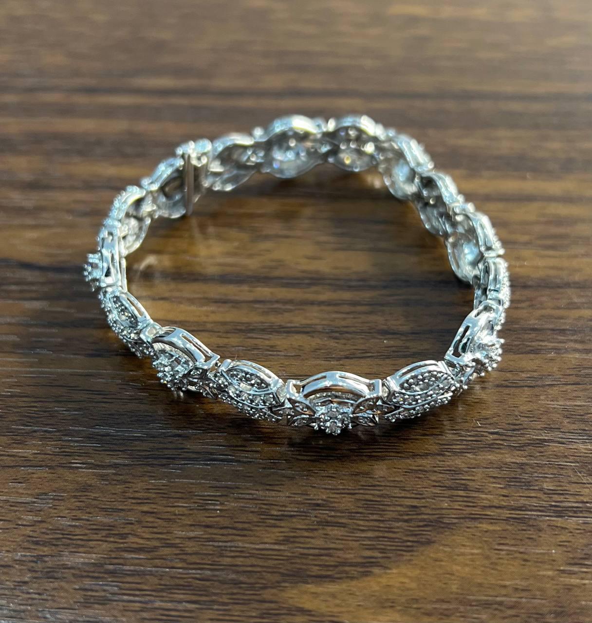 Fancy Floral Unique Link Diamond Pave Statement Unique 14K White Gold Bracelet