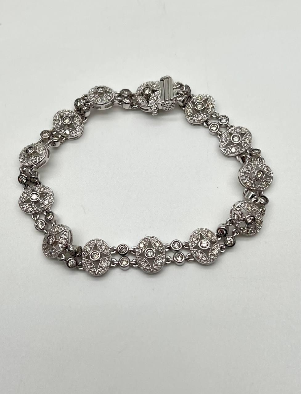 Vintage Style Edwardian Diamond Filigree 14K White Gold Statement Bracelet