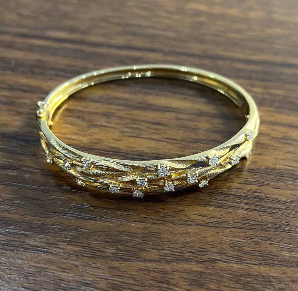 Diamond Nature Branch Inspired Finish 14K Yellow Gold Hinge Bangle Bracelet