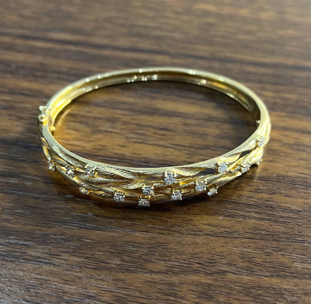 Diamond Nature Branch Inspired Finish 14K Yellow Gold Hinge Bangle Bracelet