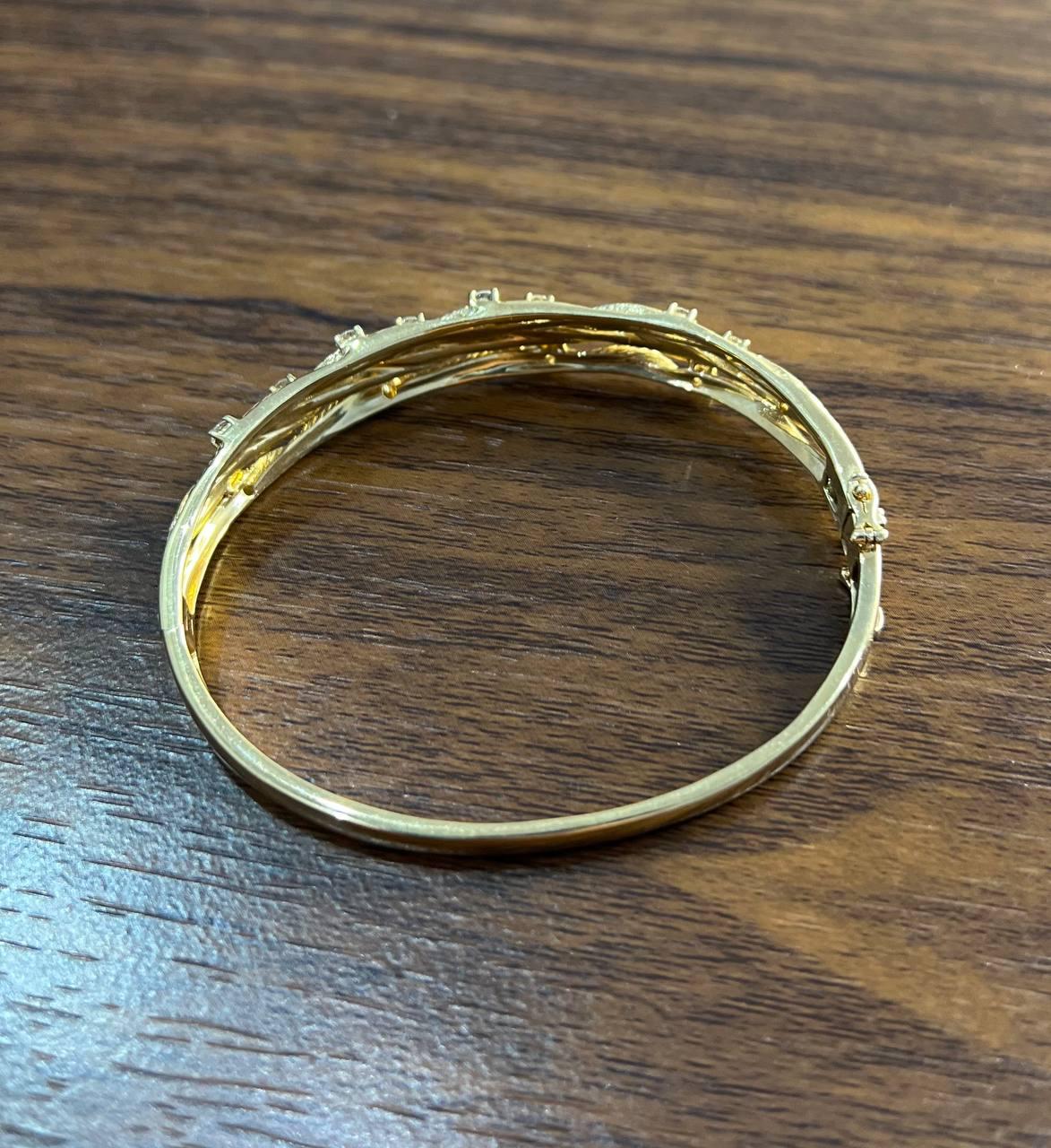 Diamond Nature Branch Inspired Finish 14K Yellow Gold Hinge Bangle Bracelet