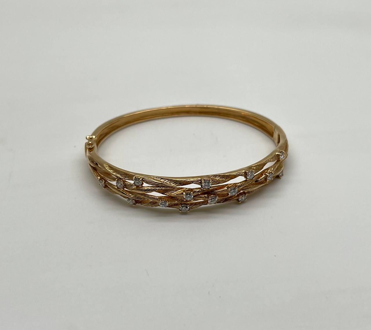 Diamond Nature Branch Inspired Finish 14K Yellow Gold Hinge Bangle Bracelet