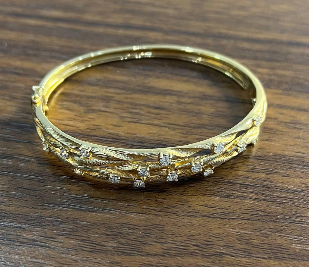 Diamond Nature Branch Inspired Finish 14K Yellow Gold Hinge Bangle Bracelet
