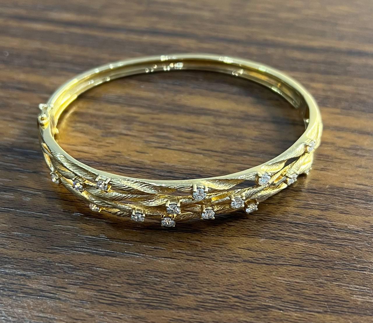 Diamond Nature Branch Inspired Finish 14K Yellow Gold Hinge Bangle Bracelet