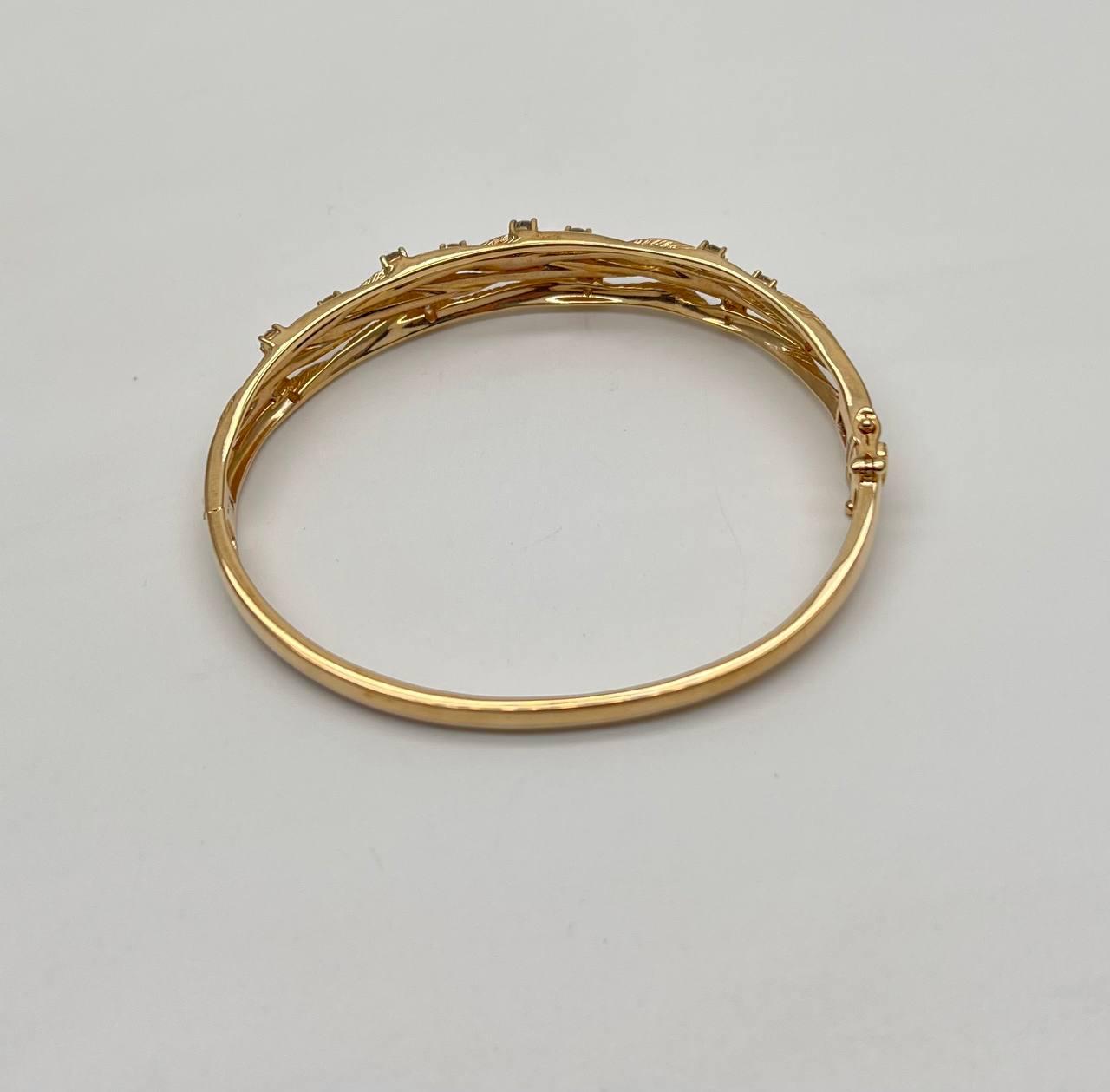 Diamond Nature Branch Inspired Finish 14K Yellow Gold Hinge Bangle Bracelet