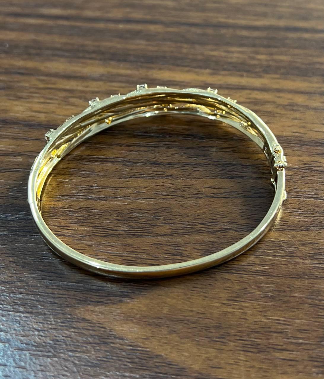 Diamond Nature Branch Inspired Finish 14K Yellow Gold Hinge Bangle Bracelet