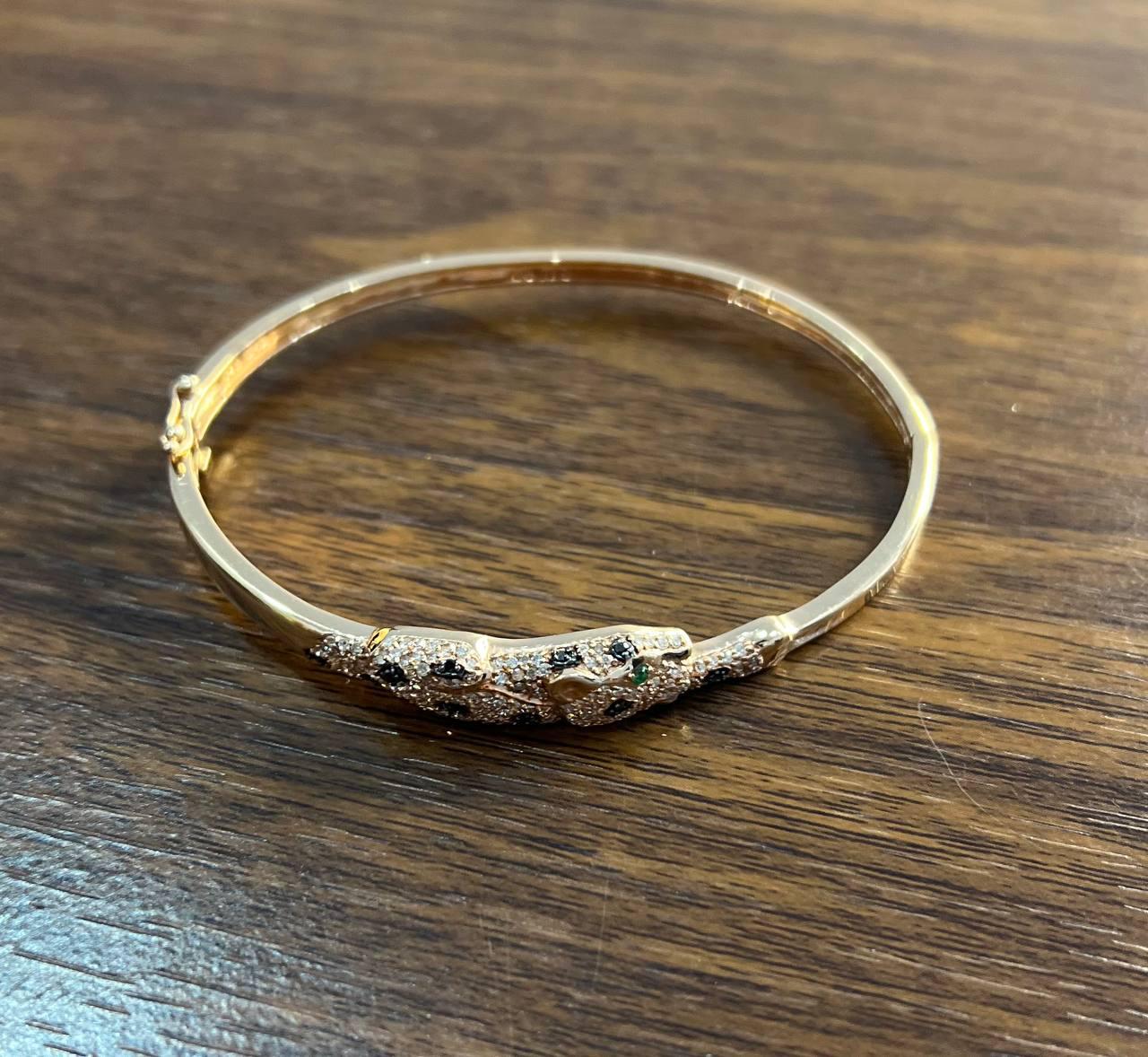 Leopard Cheetah Jaguar Panther Diamond Pave 14K Rose Gold Hinge Bangle Bracelet