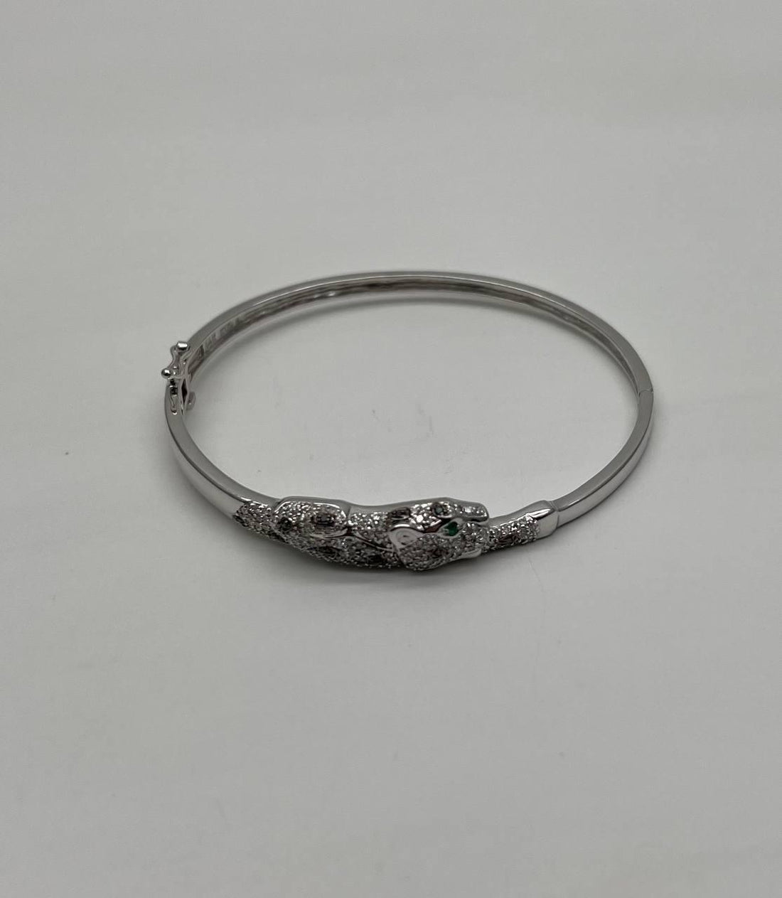 White Snow Leopard Panther Diamond Pave 14K White Gold Hinge Bangle Bracelet