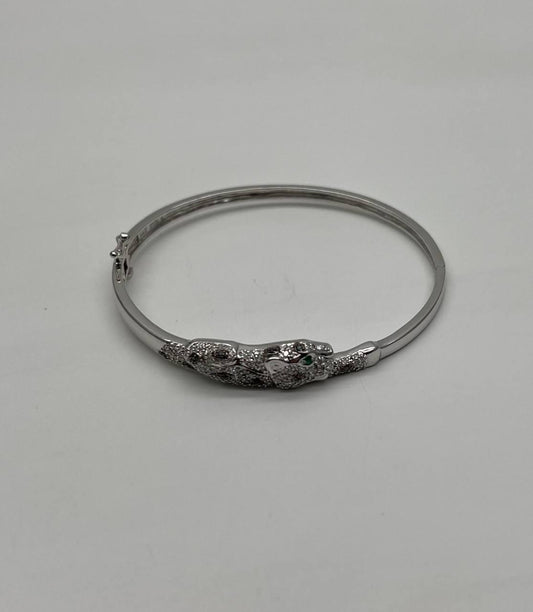 White Snow Leopard Panther Diamond Pave 14K White Gold Hinge Bangle Bracelet