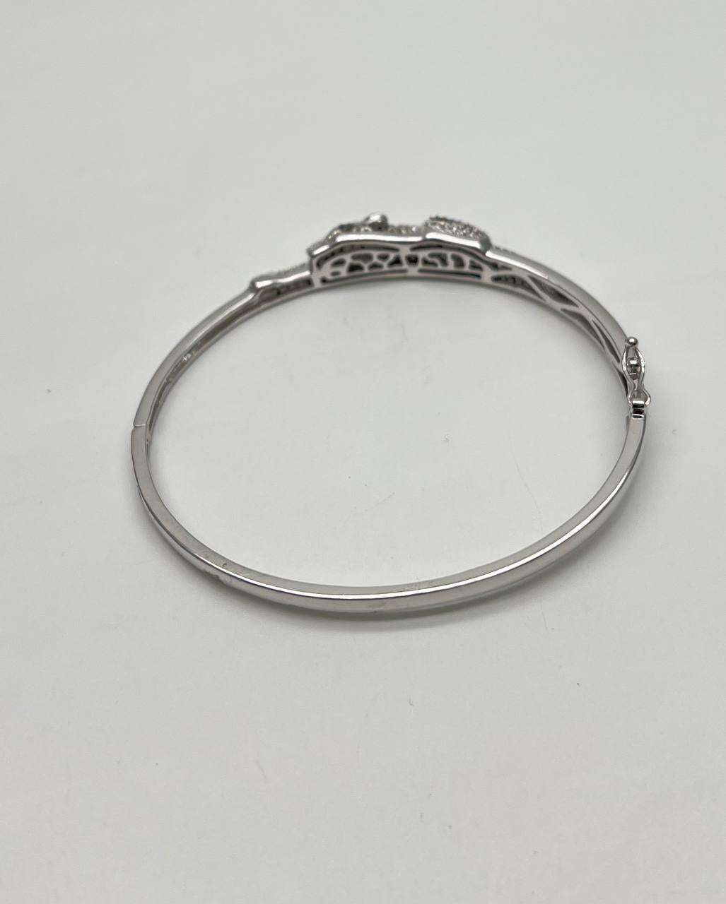 White Snow Leopard Panther Diamond Pave 14K White Gold Hinge Bangle Bracelet
