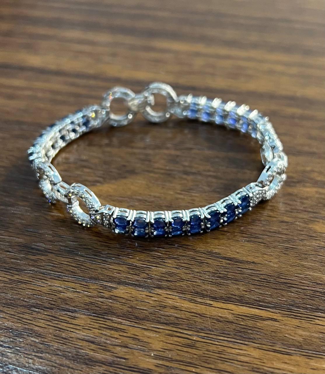 blue sapphire tennis line diamond pave statement unique 14k white gold bracelet